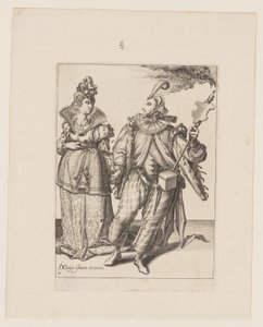 Una mujer guiada por un jugador con una antorcha, de Las Mascaradas de Jacques de Gheyn II