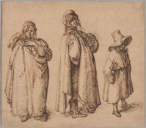 Dos estudios de una mujer gitana y un niño gitano con un gran sombrero de Jacques de Gheyn II