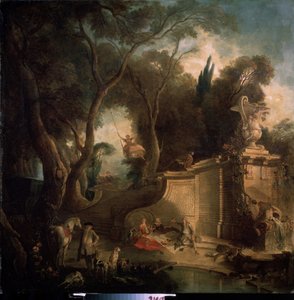 ""Descanso después de la caza" (Descanso después de la caza) Placeres de la nobleza después de la partida de caza, una mujer en un columpio, una escena de picnic (picnic) en el campo. Pintura de Jacques de Lajoue (1686-1761) 1730 Museo Pushkin, Moscú