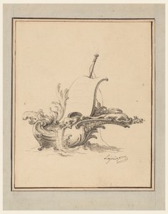 Dibujo de un escudo en forma de barco con vela, para Recueil Nouveau de Differens Cartouches, 1734 de Jacques de Lajoüe