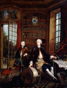 Retrato del hijo del artista con su maestro, dicho ser el artista Jean Baptiste de Courtonne el Joven, en una biblioteca de Jacques de Lajoüe