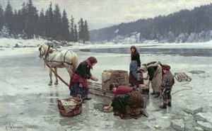 Mujeres lavando ropa a través de un agujero en el hielo de Jahn Ekenaes