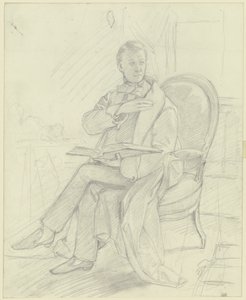Joven sentado en un sillón con un libro de Jakob Becker