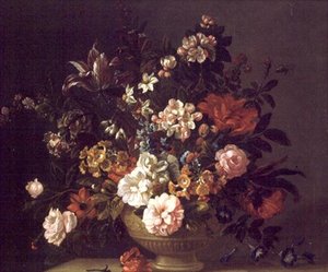 Rosas, tulipanes y otras flores en una urna sobre un borde de Jakob Bogdani or Bogdany