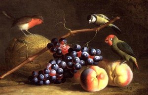 Tres pájaros con duraznos, uvas y un melón