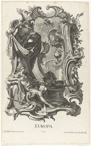 Rocaille con la personificación del continente europeo Europa (título sobre objeto) Los cuatro continentes (título de la serie) de Jakob Gottlieb Thelott