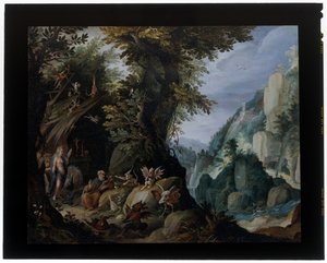 La tentación de San Antonio en un paisaje de Jakob Isaaksz Swanenburgh