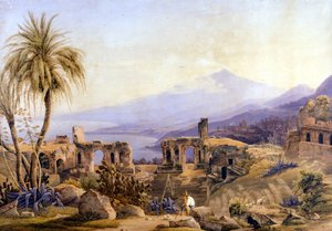 Taormina en Sicilia: las ruinas y el Etna. Pintura de Jacob Suter, alrededor de 1850. de Jakob Suter