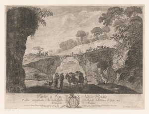 Paisaje de montaña con un puente de madera entre dos rocas