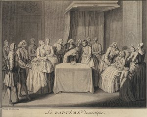 Un bautismo doméstico (grabado) de Jakob van der Schley