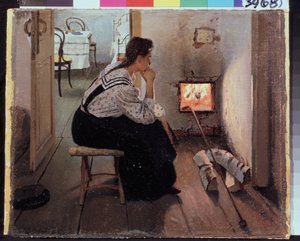 "Pensamientos en la estufa" Una joven sentada pensativa frente al fuego. Pintura de Jakov Kalinichenko (1869-1938) 1897 Estado Regional I. Museo de Arte Pozhalostin, Ryasan