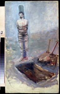 Revolución Rusa de 1905: "La Ejecución" Un condenado atado a un poste cerca de su tumba excavada. Pintura de Jakov Kalinichenko (1869-1938) 1905 Estado Regional I. Museo de Arte Pozhalostin, Ryasan de Jakoff Jakovlevitch Kalinitchenko