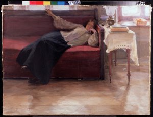 "Canciones", una chica pensativa tumbada en un sofá. Pintura de Jakov Kalinichenko (1869-1938) 1904 State Regional I. Museo de Arte Pozhalostin, Ryasan de Jakoff Jakovlevitch Kalinitchenko