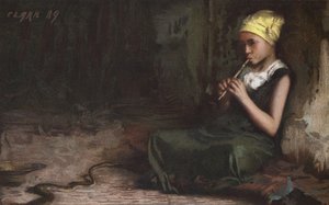 Chica encantando a una serpiente (chromolitho)