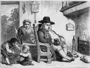 John Bull feliz: John Bull (personaje típico inglés, símbolo de Inglaterra) en casa con su esposa e hijos. Grabado de Gilbert después de Gillray. En “Le Magasin pittoresque” de James (after) Gillray