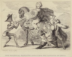 El Bandido Político Atacando al Salvador de la India: Warren Hastings, exgobernador de Bengala, bajo ataque de los políticos Edmund Burke, Charles James Fox y Lord North