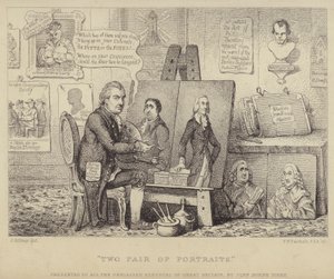 Dos pares de retratos: caricatura anti-Whig que representa a John Henry Tooke con retratos de Charles James Fox personificando el vicio y William Pitt el Joven representando la virtud