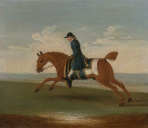 Caballo de carreras castaño ejercitado por un entrenador con abrigo azul de James (attr.) Seymour