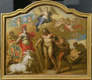 Alegoría del Poder de Gran Bretaña por Tierra, diseño para un panel decorativo para el coche ceremonial de Jorge I, c.1718 de James (attr. to) Thornhill