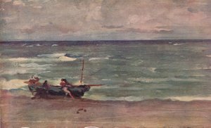Armonía en azul y plata: Varando el barco, Etretat, c1897