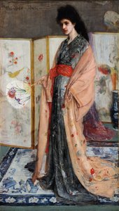 ""La princesa del país de la porcelana"" (Rose and Silver: The Princess from the Land of Porcelain) Mujer joven vestida al estilo japonés con un kimono, detrás de ella un biombo japonés (Japonismo) Pintura de James Abbott McNeill Whistler ( 1834- 1903) 186 de James Abbott McNeill Whistler