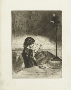 Retrato de Deborah Delano leyendo Lectura a la luz de una lámpara de James Abbott McNeill Whistler