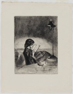 Leyendo a la luz de la lámpara, 1858