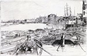 Vista del Támesis, sobre la cuenca de Londres (Inglaterra), en 1859, pertenece a una serie de grabados sobre el Támesis, que pone de relieve la comunidad de trabajadores marítimos de la capital inglesa de James Abbott McNeill Whistler