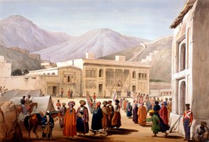 Shah Shoja, marioneta de los británicos, celebrando un durbar en Kabul, Primera Guerra Anglo-Afgana, 1838-1842