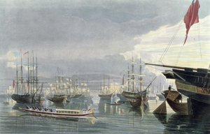 Vista del río, barcos y la ciudad de Calcuta, desde cerca del muelle de Smith, 1837, grabado por Robert Havell el Joven