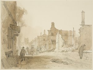 Ruinas de la Mansion House y Custom House en Queen Square después de los disturbios de James Baker Pyne