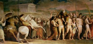 Coronación de los vencedores en Olimpia, tercero de la serie El progreso de la cultura y el conocimiento humano, detalle del panel central mostrando a Diágoras, c.1777-1801 de James Barry