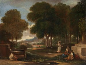 Landschaft mit einem Mann, der seine Füße an einem Brunnen wäscht