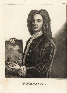 Retrato de Peter Monamy, pintor marino inglés sosteniendo una escena marítima