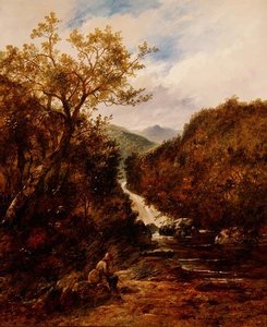 Pescador junto a una cascada boscosa de James Charles Ward