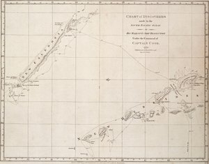 Carta de los descubrimientos realizados en el Océano Pacífico Sur en el barco de su majestad "Resolution" bajo el mando del capitán Cook. de James Cook