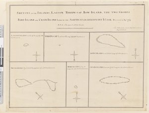 iii. Bocetos de las islas Laguna, Thrum-Cap, Bow-Island, los Dos Grupos, Isla de Pájaros y Cadena de Islas, descubiertas en abril de 1769