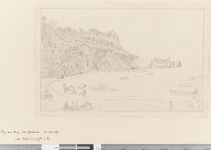 Vista del lugar de riego Tegadoo Bay, Nueva Zelanda, 23 de octubre de 1769