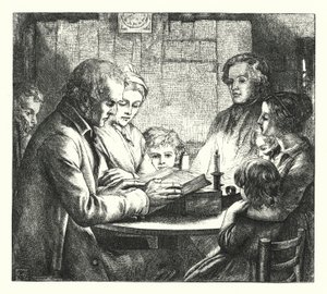 Escena en una cabaña escocesa de James Dawson Watson