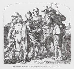 Los peregrinos acogidos por los pastores en las montañas deleitosas (grabado)