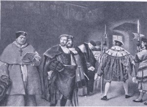 Despido del Cardenal Wolsey por el Rey Enrique VIII, de la Historia del Pueblo Británico de Cassell publicada por la Waverley Book Company, c.1950s de James Dromgole Linton