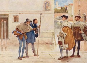 El mercader de Venecia de Shakespeare: Bassanio, Lorenzo, Viejo Gobbo y Launcelot Gobbo (litografía en color) de James Dromgole Linton