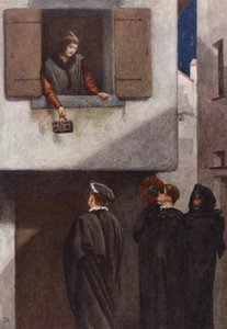 El mercader de Venecia de Shakespeare: Jessica, Lorenzo, Gratiano y Salarino (litografía en color)