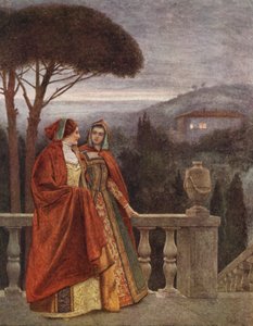 El mercader de Venecia de Shakespeare: Porcia y Nerissa (litografía en color)