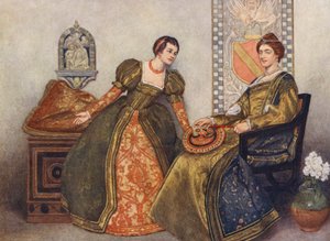 El mercader de Venecia de Shakespeare: Porcia y Nerissa (litografía en color) de James Dromgole Linton