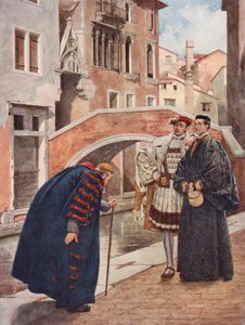 El mercader de Venecia de Shakespeare: Shylock, Bassanio y Antonio (litografía en color)