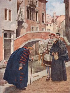El mercader de Venecia de Shakespeare: Shylock, Bassanio y Antonio (litografía en color)