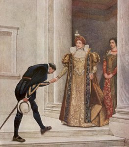 El mercader de Venecia de Shakespeare: El príncipe de Arragón, Porcia y Nerissa (litografía en color) de James Dromgole Linton