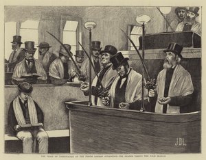 La Fiesta de los Tabernáculos en la Sinagoga del Norte de Londres, el lector tomando la rama de palma