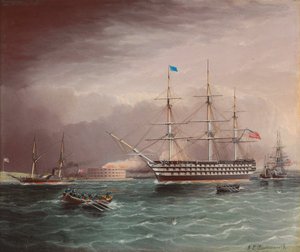 El U.S.S. Pennsylvania remolcado al estallar la Guerra Civil Americana con Fort Monroe en el fondo de James E. Buttersworth